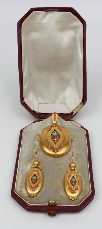 20k gold turquoise and pearl brooch with matching earring