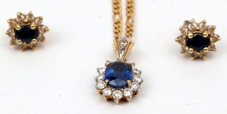 18k YG sapphire and diamond pendant on necklace and matching earrings