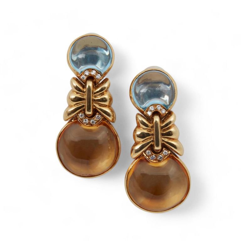Citrine, blue topaz, diamond, and 18k yellow gold ear clips