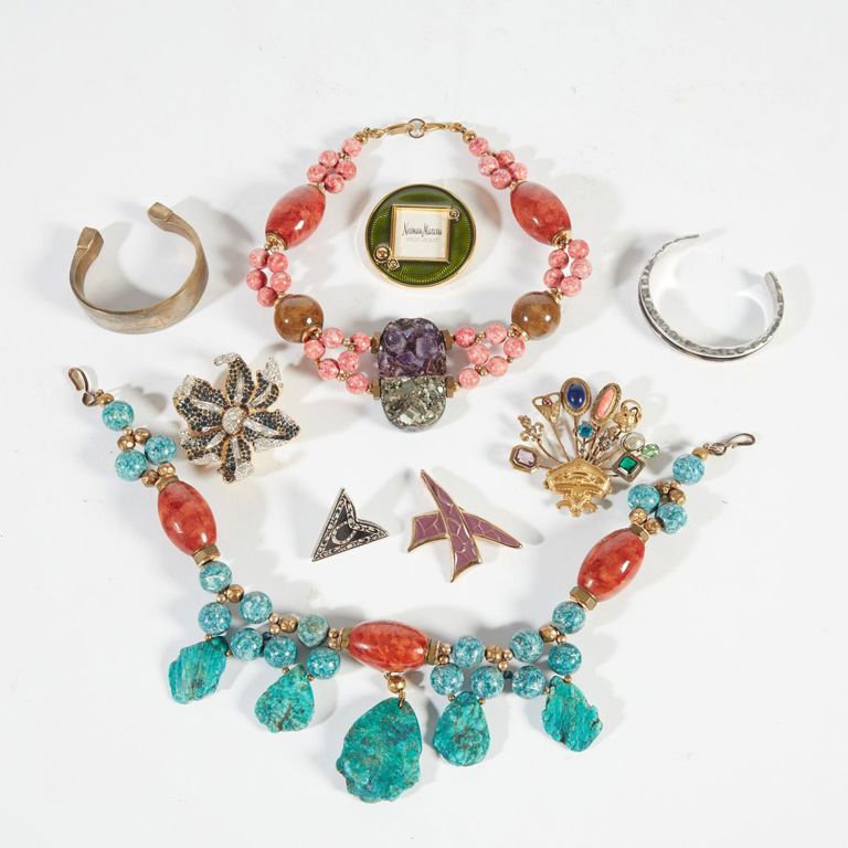 Assembled nine-piece group of semi-precious stone and costume jewelry