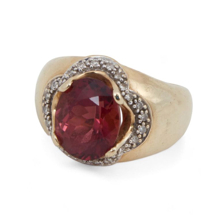 Rubellite tourmaline, diamond, and 14k gold ring