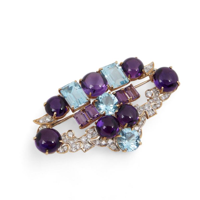 Amethyst, aquamarine, diamond, and gold brooch