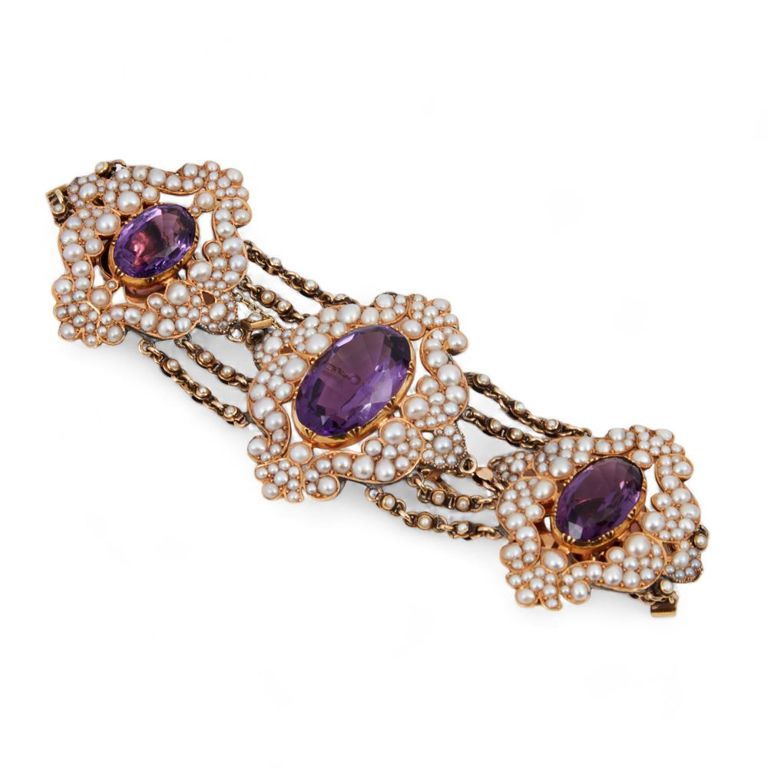 Amethyst, half seed pearl, and gold bracelet