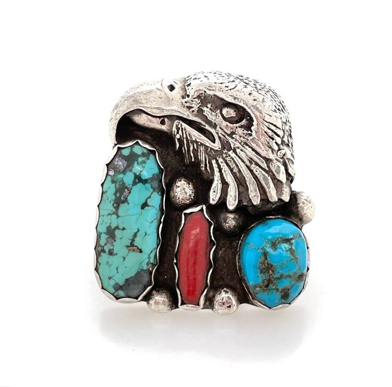 A Don Sheley original sterling silver turquoise coral eagle ring