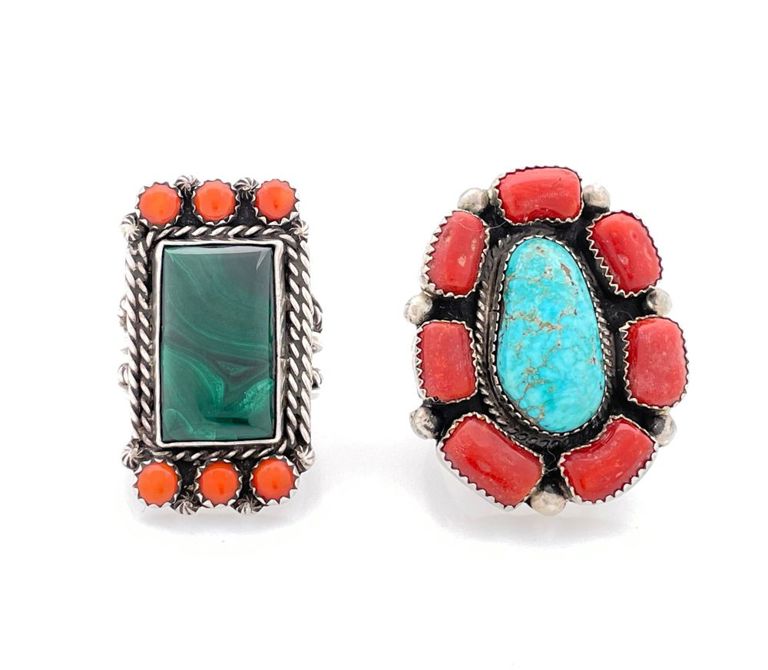 Lot of 2 southwest sterling silver turquoise, malachite, & coral rings