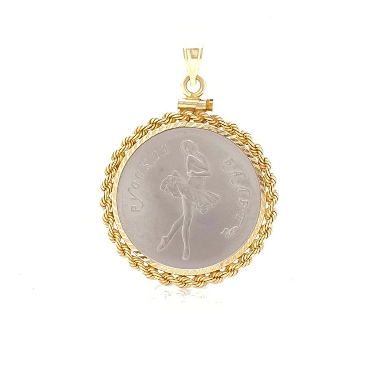 14k yellow gold bezel russian .999 palladium ballerina 5 ruble pendant