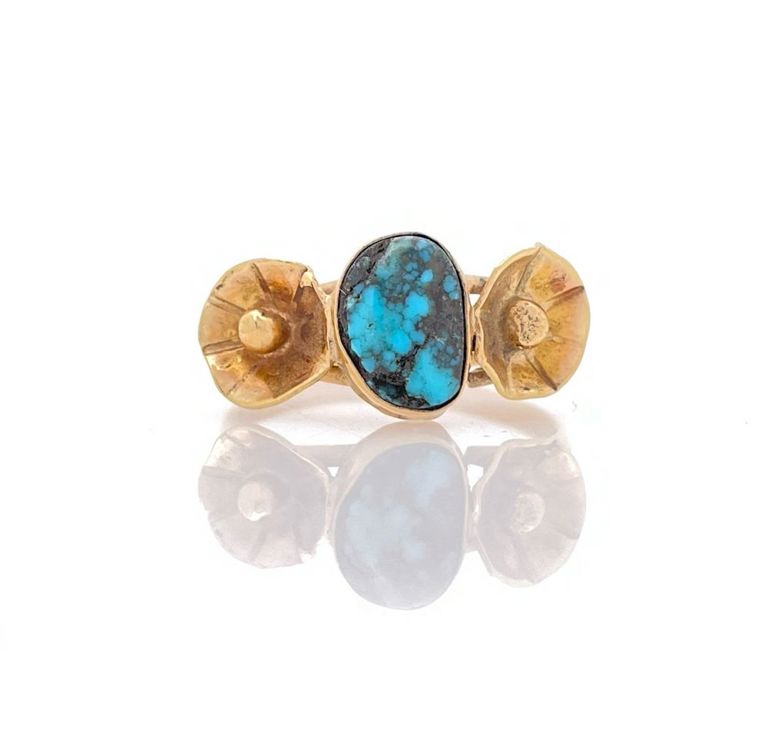 14k yellow gold turquoise southwestern floral ring