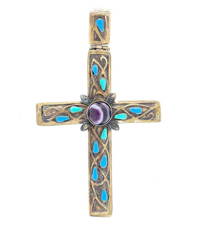 Armand American Horse copper bullseye agate turquoise cross pendant