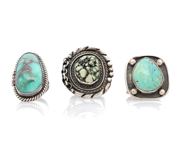 Lot of 3 southwestern sterling silver turquoise rings