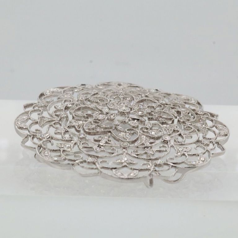 18k white gold diamond filigree flower brooch