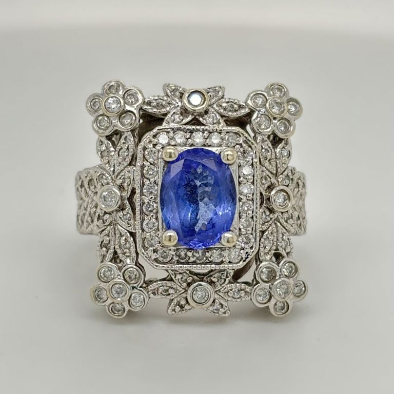 14k white gold blue tourmaline and diamond ring