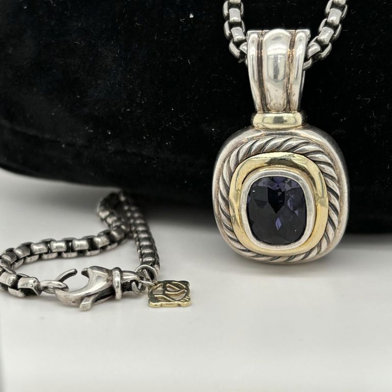Yellow gold and sterling silver quartz pendant on necklace