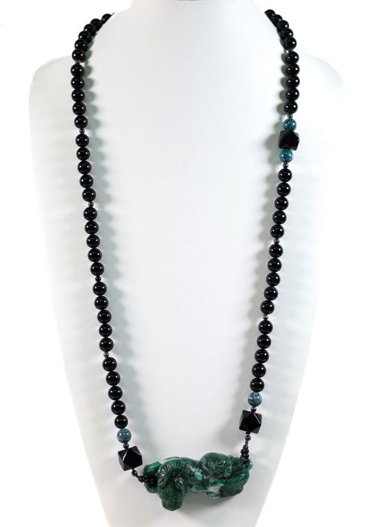 Black onyx bead necklace with carved jadeite tiger pendant