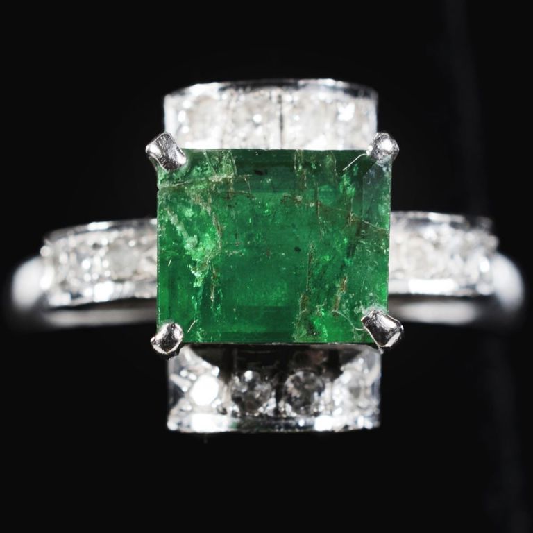 Sterling silver emerald and diamond ring