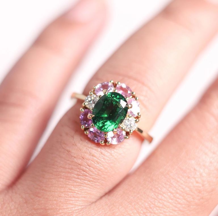 18k yellow gold tourmaline, topaz and diamond ring
