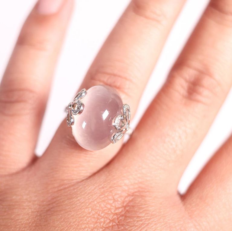 18k white gold rose quartz and diamond ring