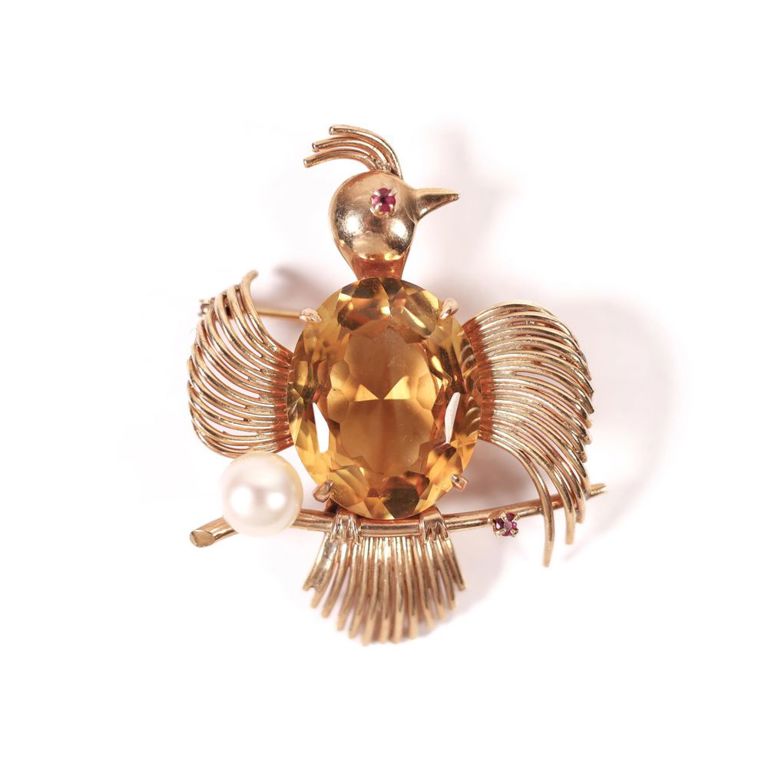 14k yellow gold pearl, rubies and citrine bird brooch