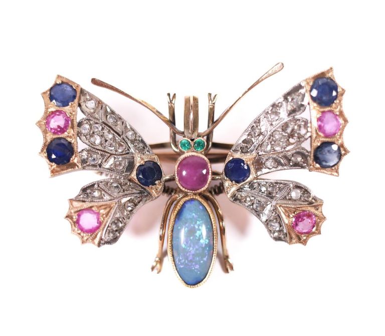 Victorian 14k yellow gold articulated diamond butterfly brooch