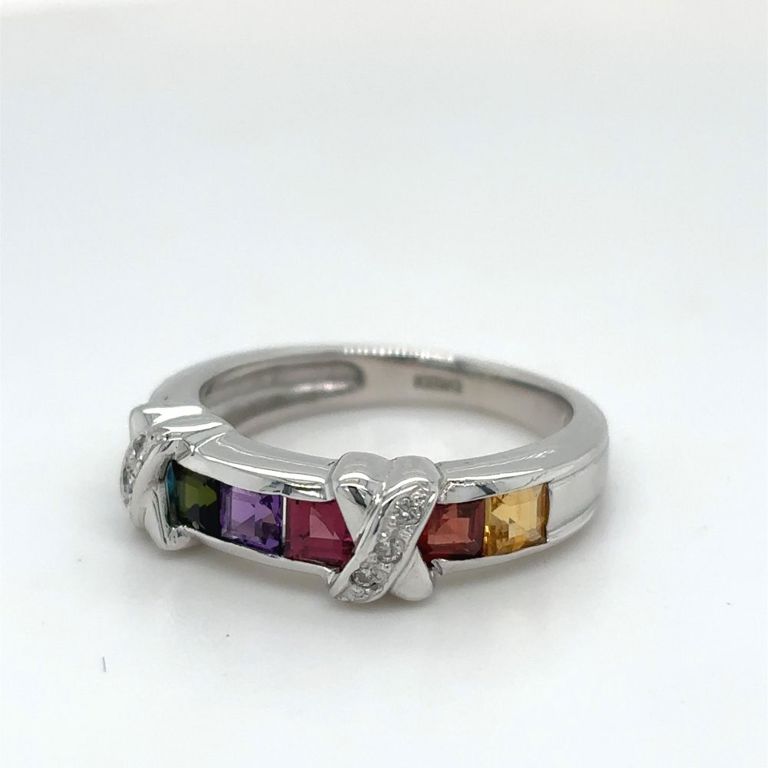 18k white gold multi-color tourmaline and diamond ring