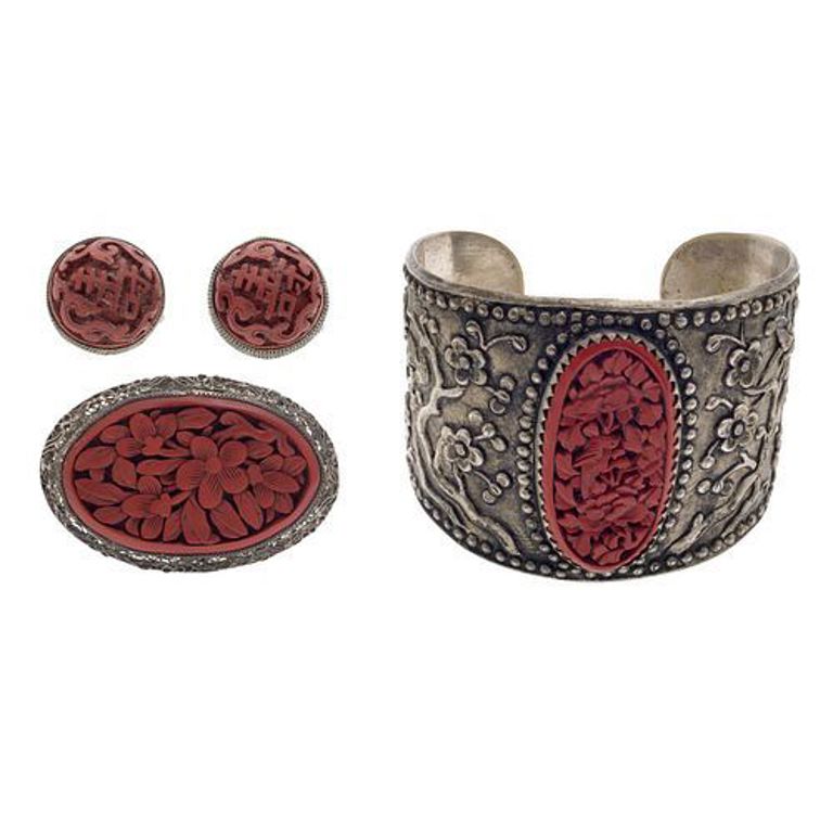 Vintage Chinese cinnabar, silver and silver-tone jewelry suite