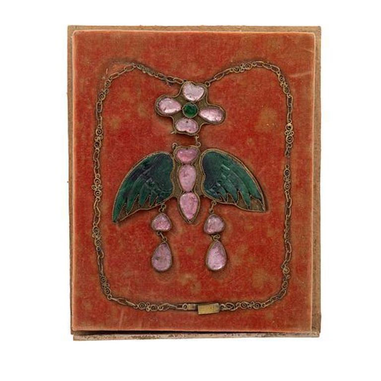 Antique Chinese nephrite, tourmaline, and gilt insect necklace