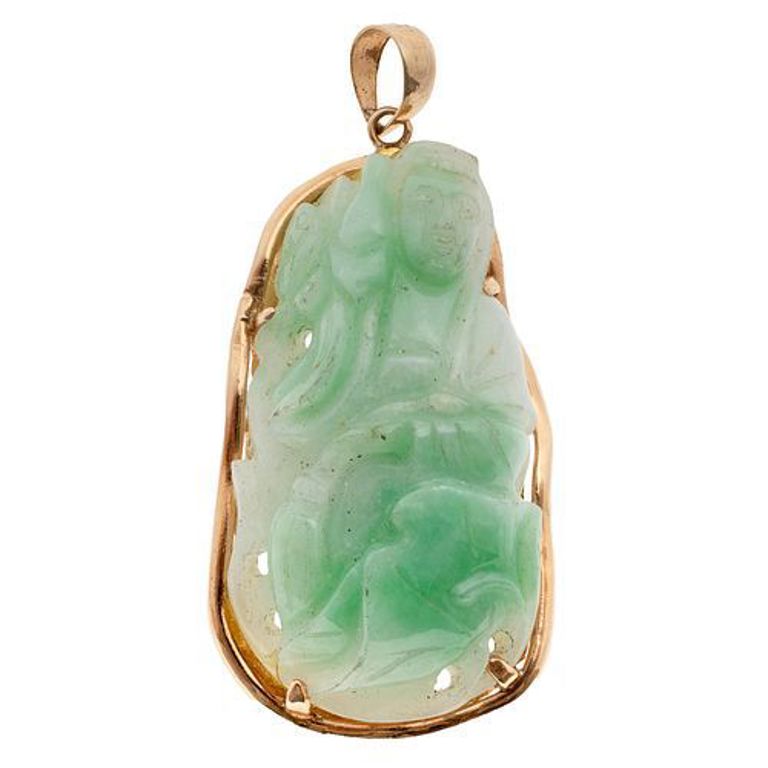 Jade and 14k gold Kwan-Yin pendant