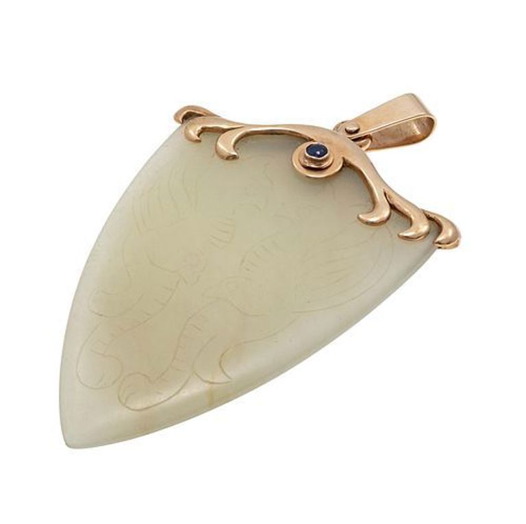 Jade sapphire and 14k gold dragon pendant