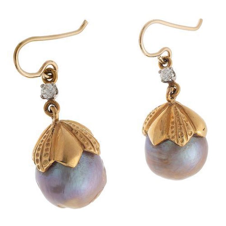 Pair of cultured pearl and diamond earrings