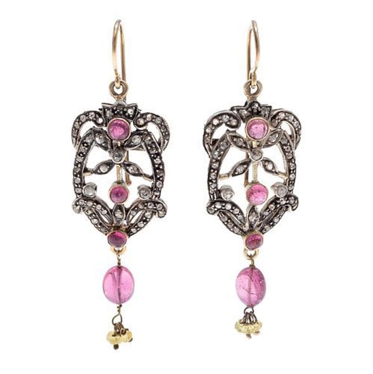 Pair of diamond, tourmaline and 14k gold silver earrings