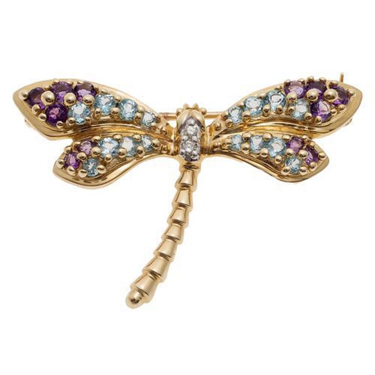14k yellow gold dragonfly pin with diamond, aquamarine, and amethyst
