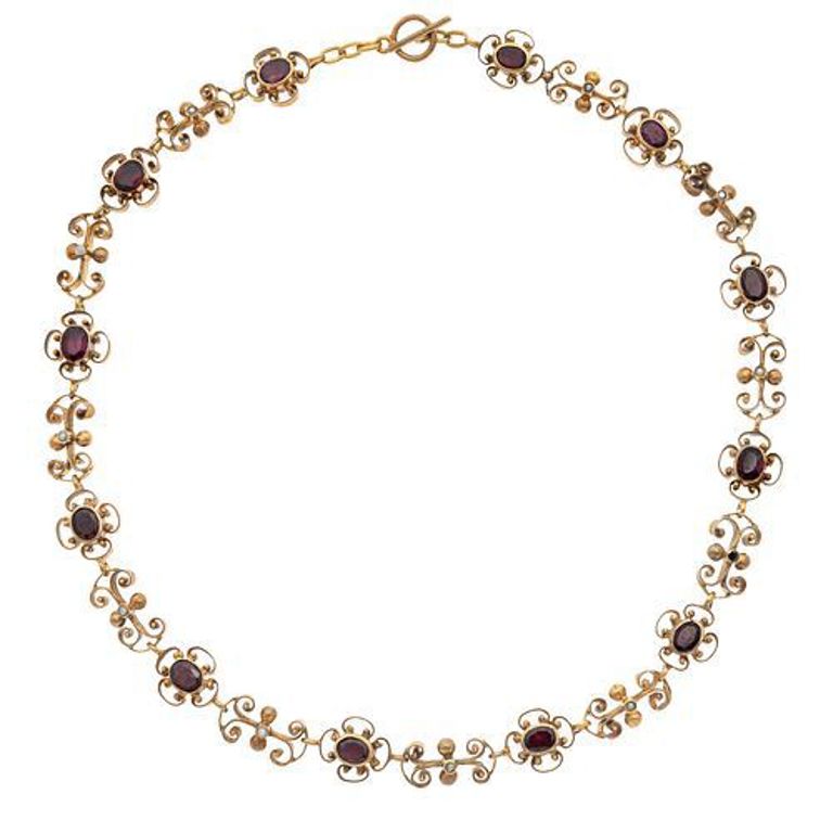 Austro-Hungarian silver gilt necklace with garnet and seed pearl