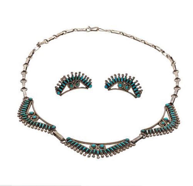 Zuni petit point turquoise and sterling silver jewelry suite