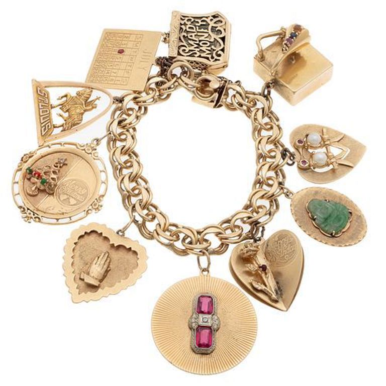 Multi-stone 14k yellow gold charm bracelet