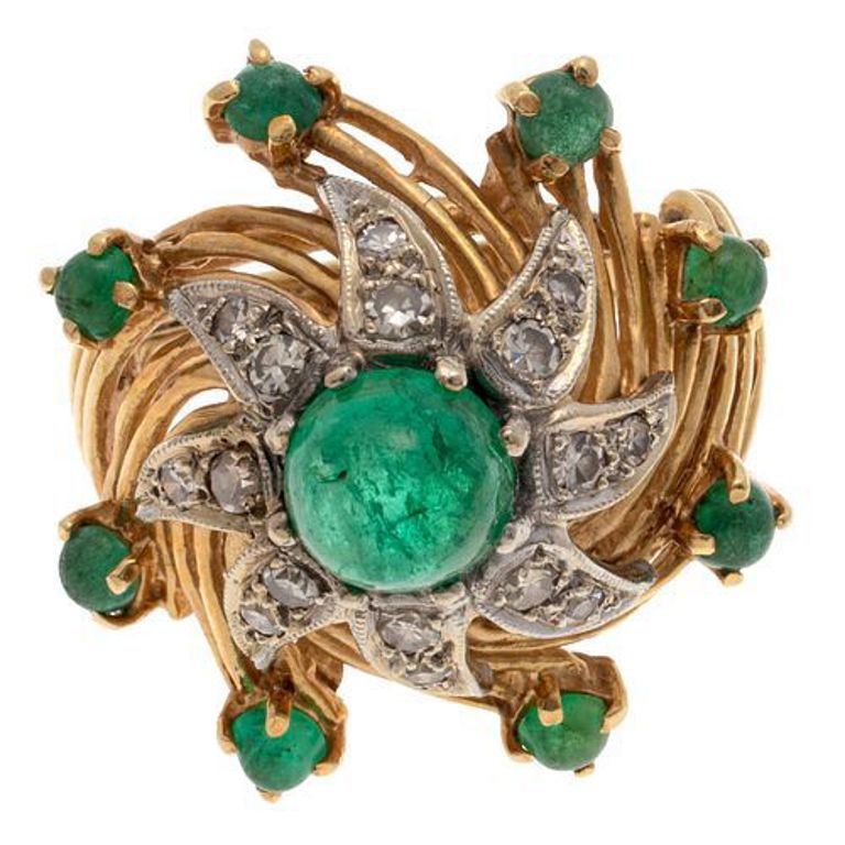 18k yellow gold ring with emeralds and diamonds