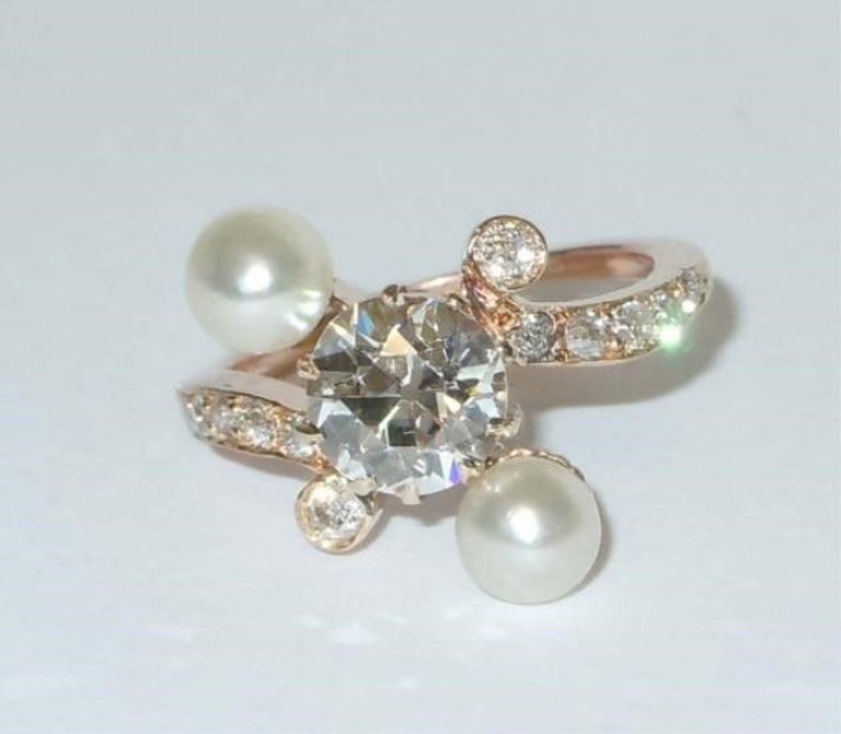 European Cut Diamond 14Kt Pink Gold Pearl Engagement Ring