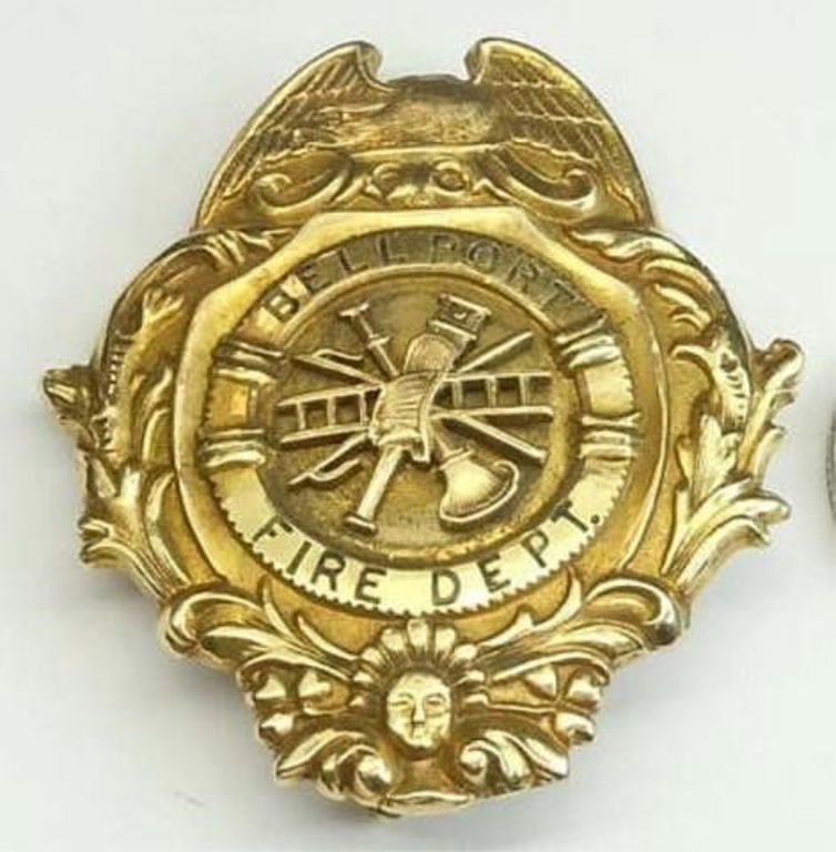 1909 Bellport Fire Dept 14kt Gold Dedication Badge Pin Brooch