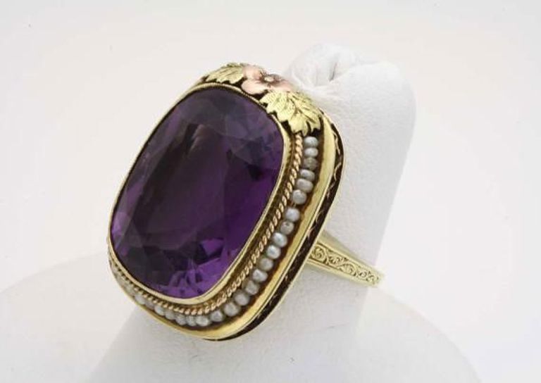 A Antique 14k Yellow and Pink Gold Amethyst Seed Pearl Cocktail Ring