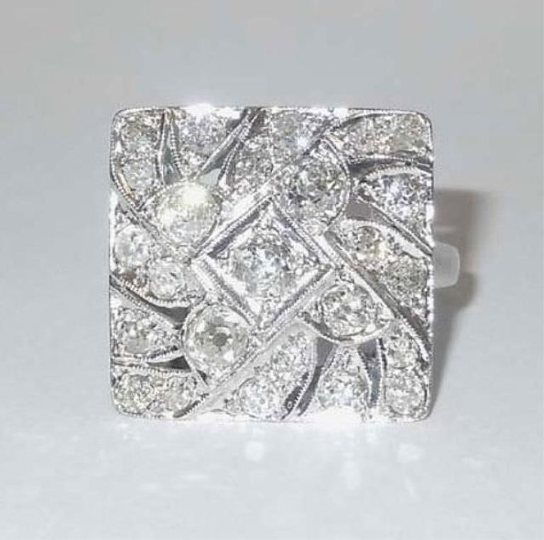 Art Deco 14kt White Gold European Cut Diamond Cocktail Ring