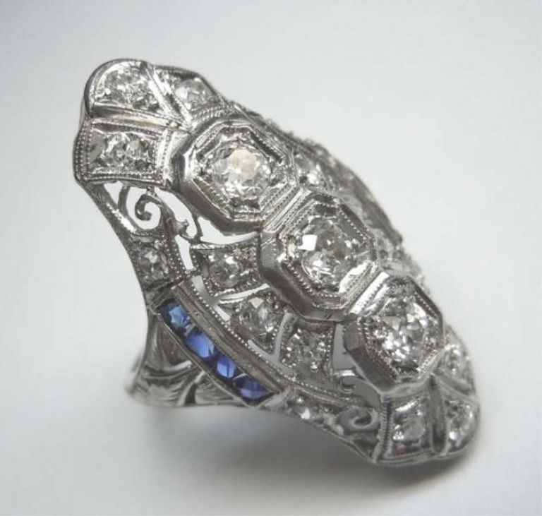 Antique Estate Platinum Diamond Sapphire Ring