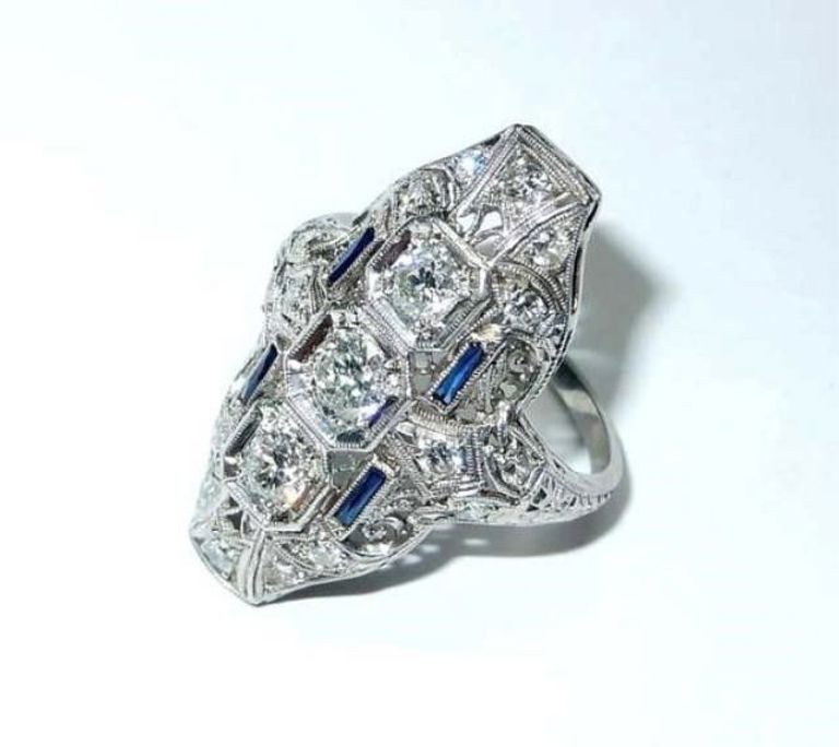 Antique Estate Platinum Old Miner Diamond Sapphire Ring