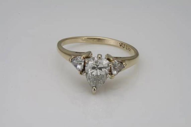 14k Yellow Gold Three Stone Pear and Trillion Cut Diamond Estate Engagement Ring