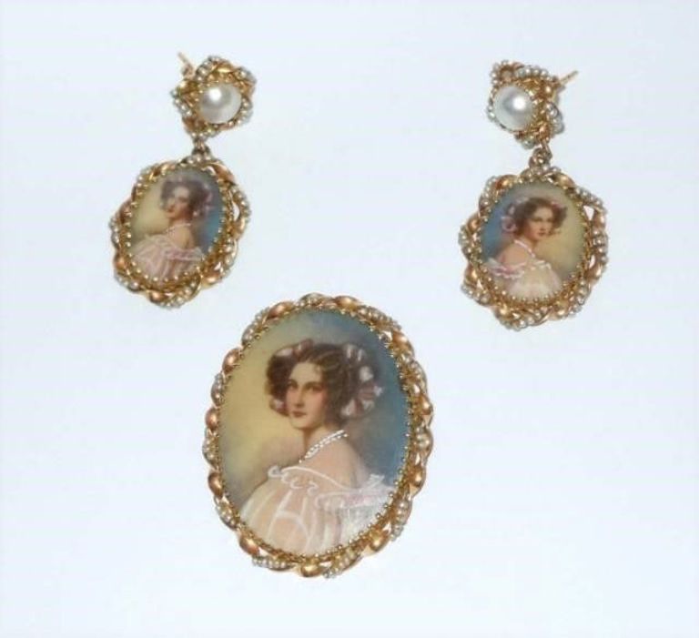 Victorian 14kt Gold Seed Pearl Miniature Portrait Pendant-Brooch