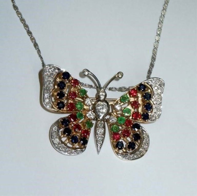 14kt Gold Diamond Ruby Emerald Sapphire Butterfly Pedant Necklace