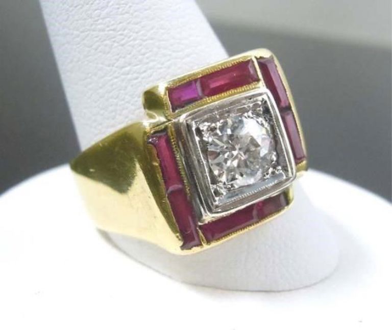 1940s Art Deco 14Kt Gold 1.80 CTW Diamond Ruby Ring