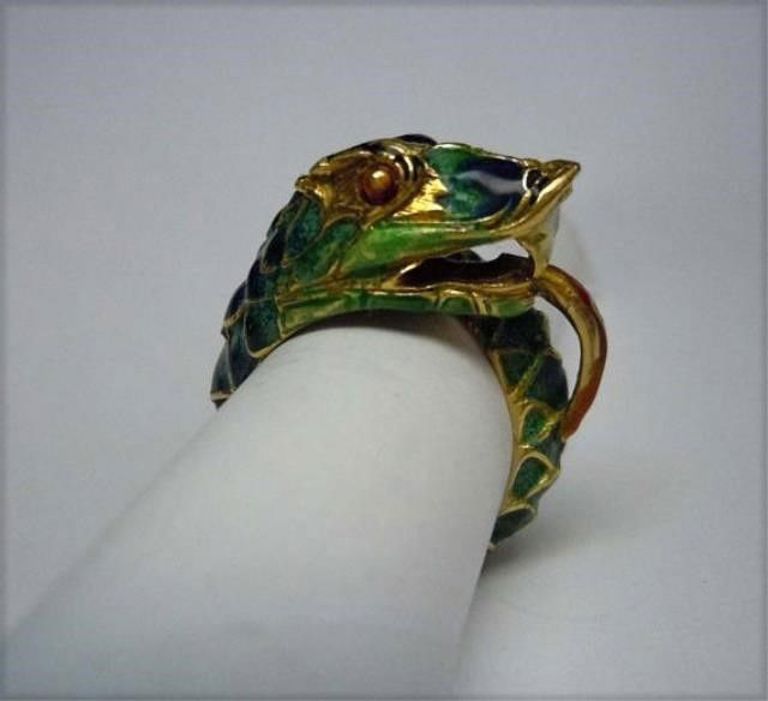Italian 18kt Gold Enamel Winding Snake or Dragon Cocktail Ring