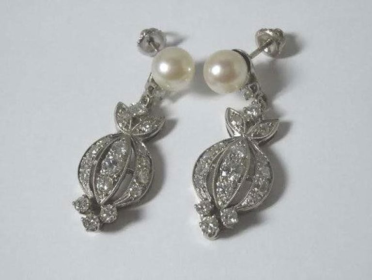 1950s 14k White Gold Diamond Pearl Floral Drop Earrings