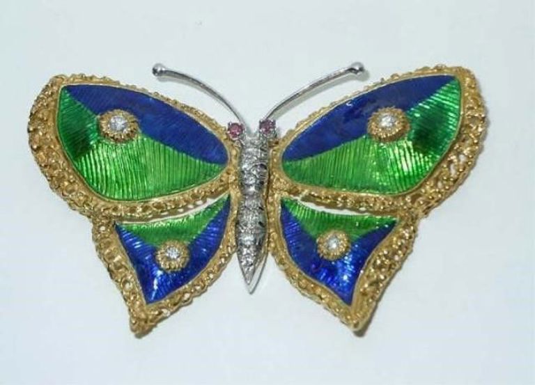Vintage 18kt Gold Enamel Ruby Diamond Butterfly Brooch