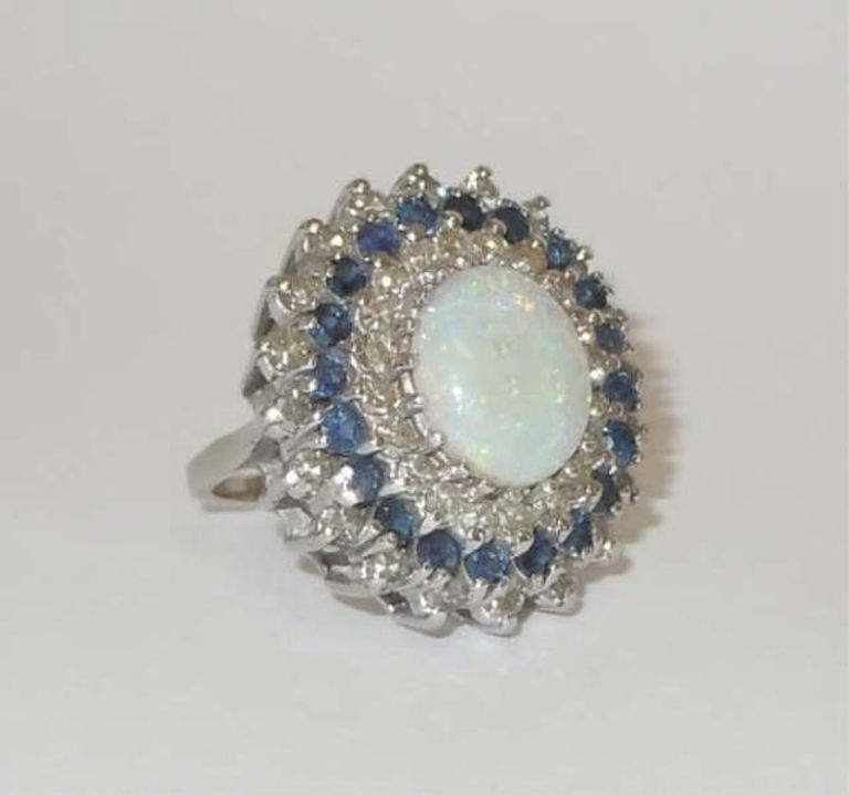 Vintage 14Kt White Gold Diamond, Sapphire, Opal Cocktail Ring
