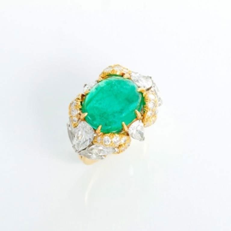 Extremely Unique Cabochon Emerald & Diamond Ring