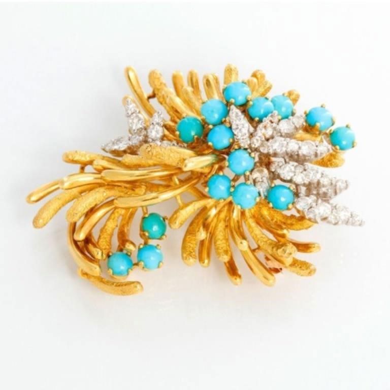 Yellow gold pin with turquoise and diamonds